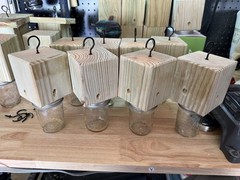 Set Of 2 Handmade Soft Pine Carpenter Bee Traps W/ Jars & Hooks- Free Shipping!