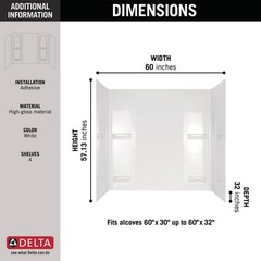 60 x 57″ Five Piece Glue Up Bath Tub Surround System High Gloss White Self Drain