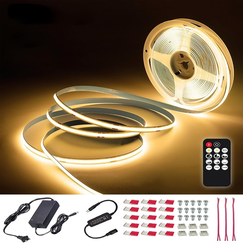 50ft/15m COB LED Strip Light 24V 3000K/4000K/6500K White with Adapter and Remote