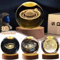 1pcs 3D Crystal Ball Galaxy Night Light – Wooden Base, USB Powered Bedside Lamp