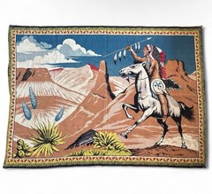 Vtg Southwestern Native American Horse Rider Woven Tapestry Wall Hanging 47×36