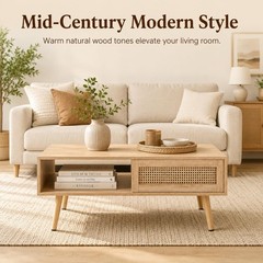 Modern Boho Rattan Coffee Table with Sliding Storage, 41.34» Rectangular Wood C