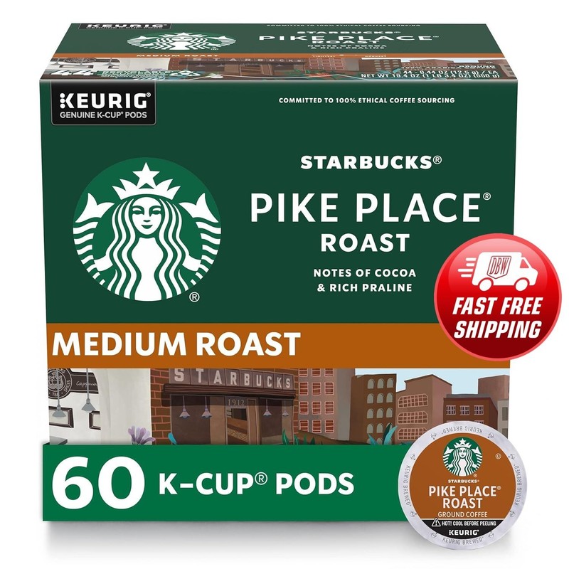 Starbucks K-Cup Coffee Pods, Medium Roast Hot or Iced Coffee, Pike Place 60 Pods