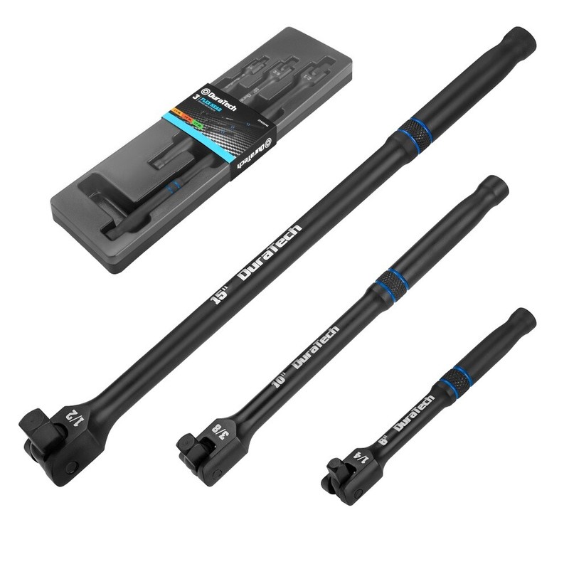 DURATECH 3PCS 6″ 10” 15″ Breaker Bar Set 1/4″ 3/8″ 1/2″ Drive 180°Rotatable Head