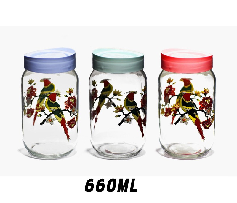 Bird Pattern Glass Spices Jar For Kitchen,Made In Turkey,660mL