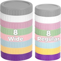 16 Piece 8 Wide Mouth + 8 Regular Mouth Mason Jar Lids, Multi Color Plastic Lids