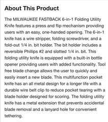 Milwaukee 48-22-1505, Fastback 6-in-1 Utility Knife w/ Folding Bit Holder