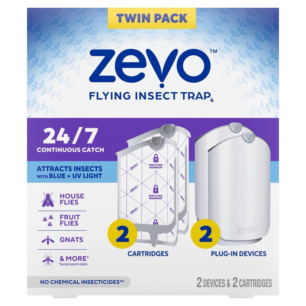 Zevo Plug-In Fly Trap 2 Plug-in Bases + 2 Cartridges UV Light (Dented Boxes) G19