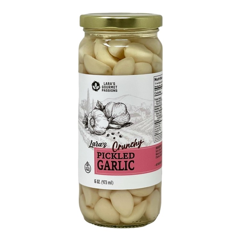 Lara’s Pickled Garlic in Jar (16 fl oz) – Crunchy and Mild Flavor