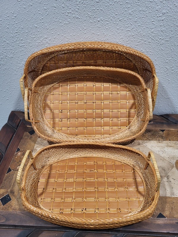 Hand Woven Bamboo & Rattan Nesting Retangle Serving Trays W/ Handles Set of 3