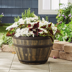 Whiskey Barrel Brown Resin Planter, 15.8in x 15.8in x 10.3in