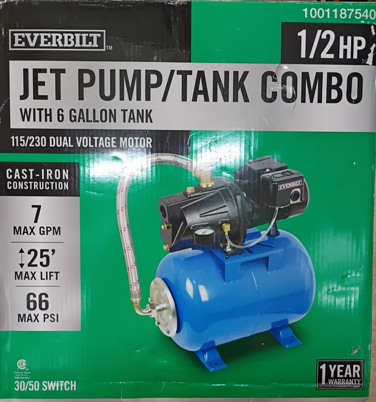 Everbilt 1/2HP Jet Pump/Tank Combo Cast iron with 6 Gallon Tank Open Box