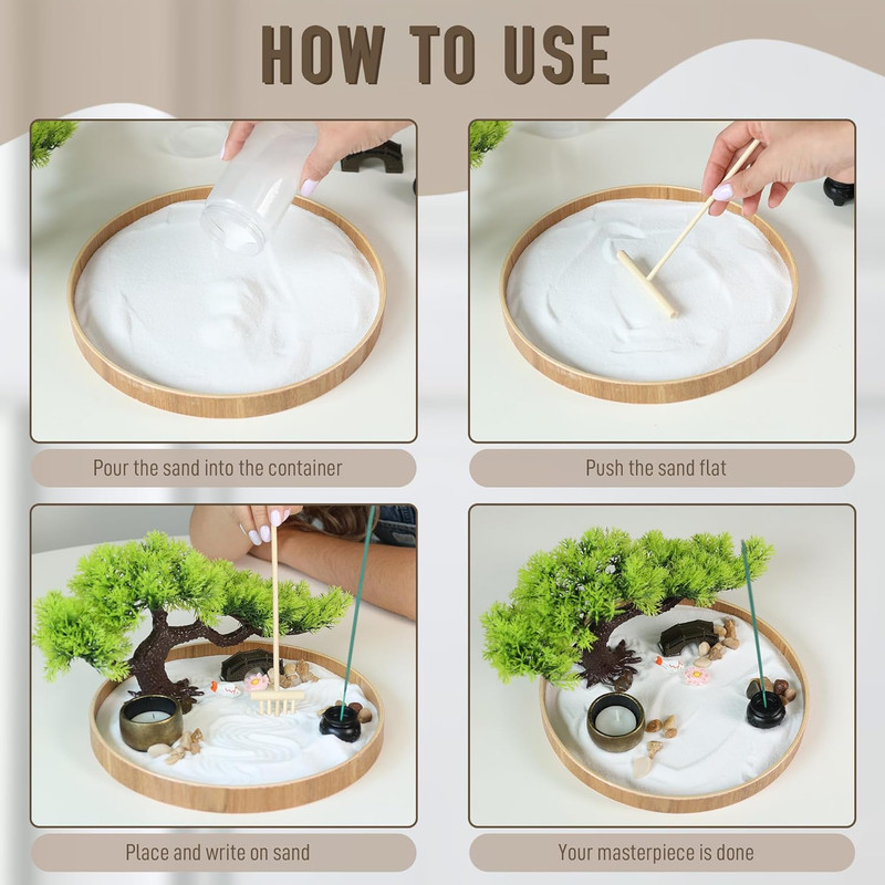 Japanese Zen Garden for Desk - Zen Garden Sand Kit, Artificial Bonsai Tree, Rake gallery