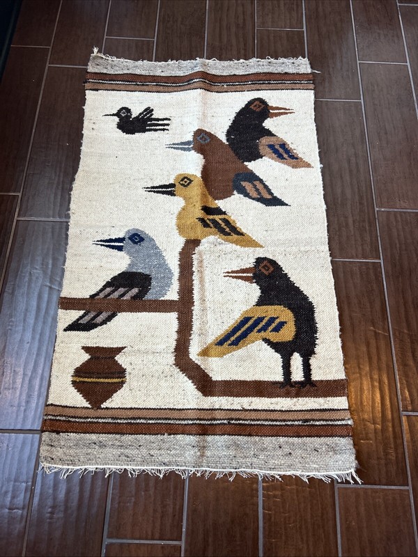 Folk Art Hand Woven Wool Birds Tree Tapestry Vintage 45×25 South America Ecuador