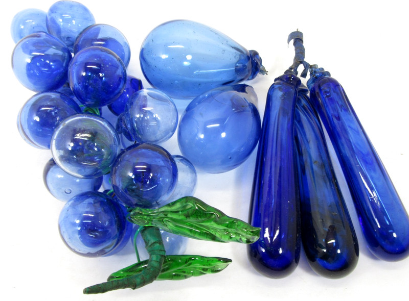 Glass Blue Grapes Zucchini Plums Fruit Vegetables Vintage MCM Vintage Decor