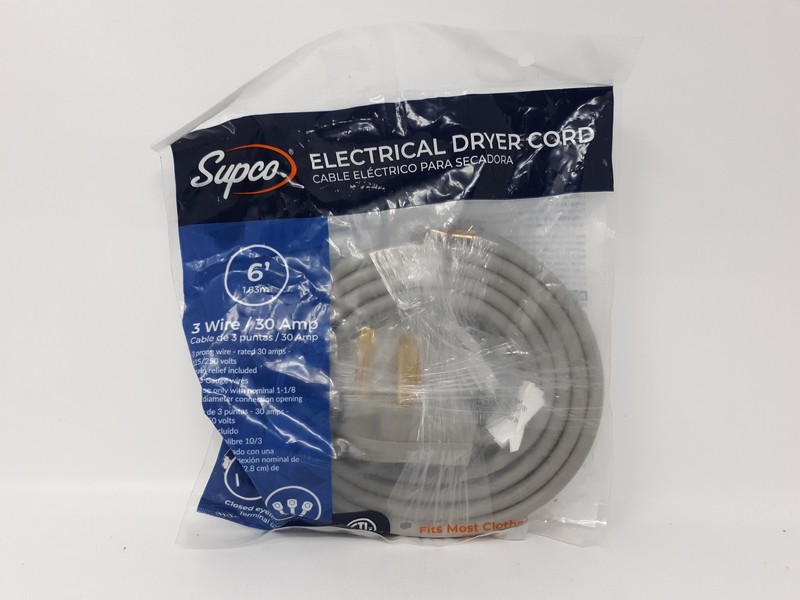 Supco 6ft 3 Wire 30 Amp Dryer Cord 125/250V 3 Prong 10/3 AWG SDC3-30-6