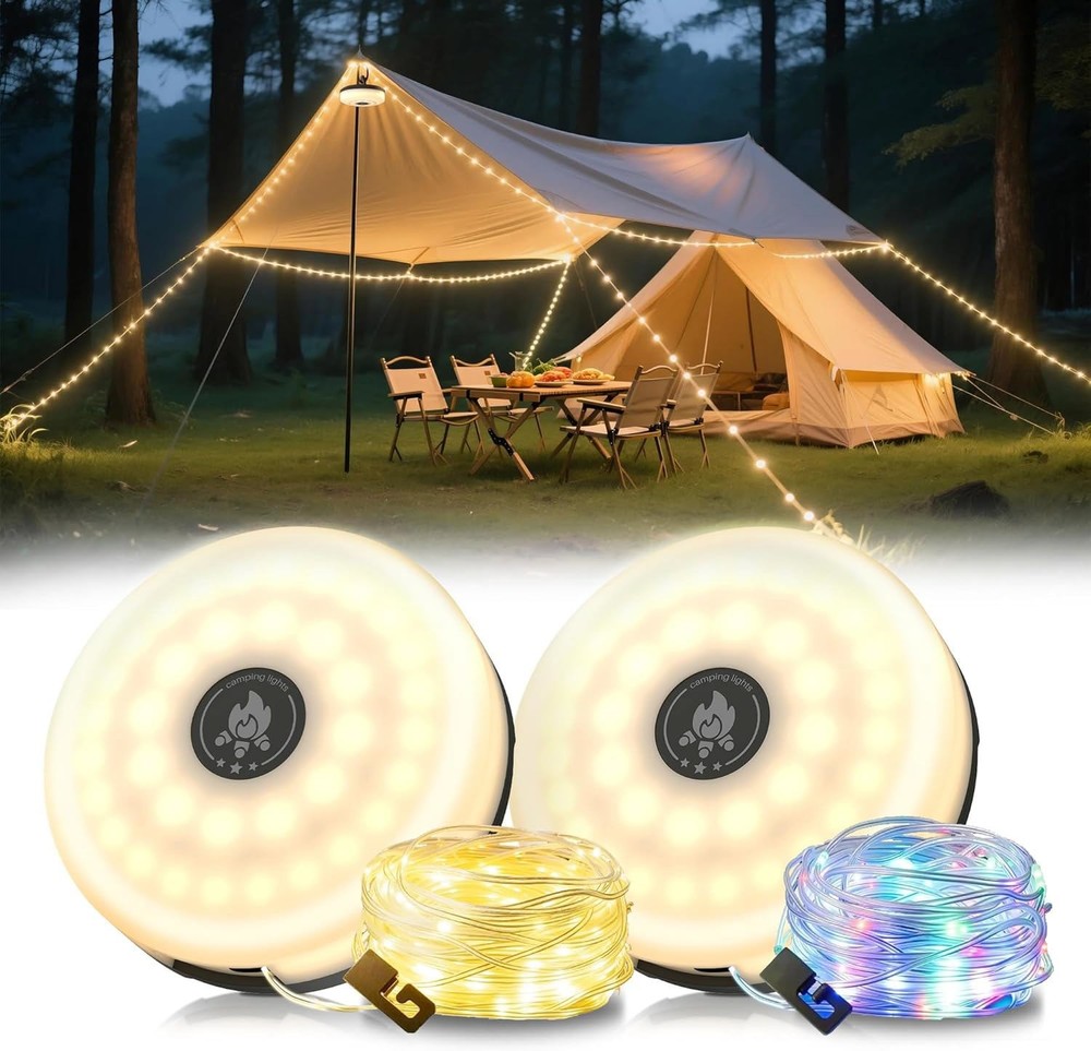 2 Pack 4-in-1 Camping String Lights 32.8FT Rechargeable Hanging Tent Lamp 8 Mode