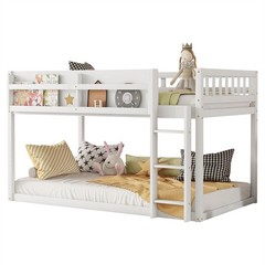 Solid Wood Low Twin Size Bunk Bed Floor Bunk Bed with Ladder for Kids Juniors