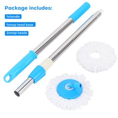 360° Rotating Spin Mop Handle Replacement Adjustable Pole 2 Microfiber Mop Heads