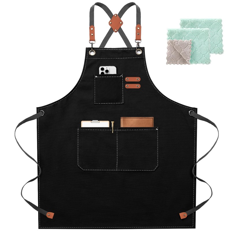 Chef Apron for Women Men with Large Pockets, Cotton Canvas Cross Back Waterpr...