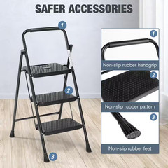3.4 Ft. Black Steel Folding 3 Step Ladder (6 Ft. Reach), 800 Lbs. Load Capacity