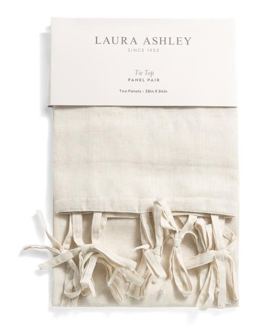 Laura Ashley Window Curtains 2 Two Panels 38 x 84 Linen Blend beige tie top NEW
