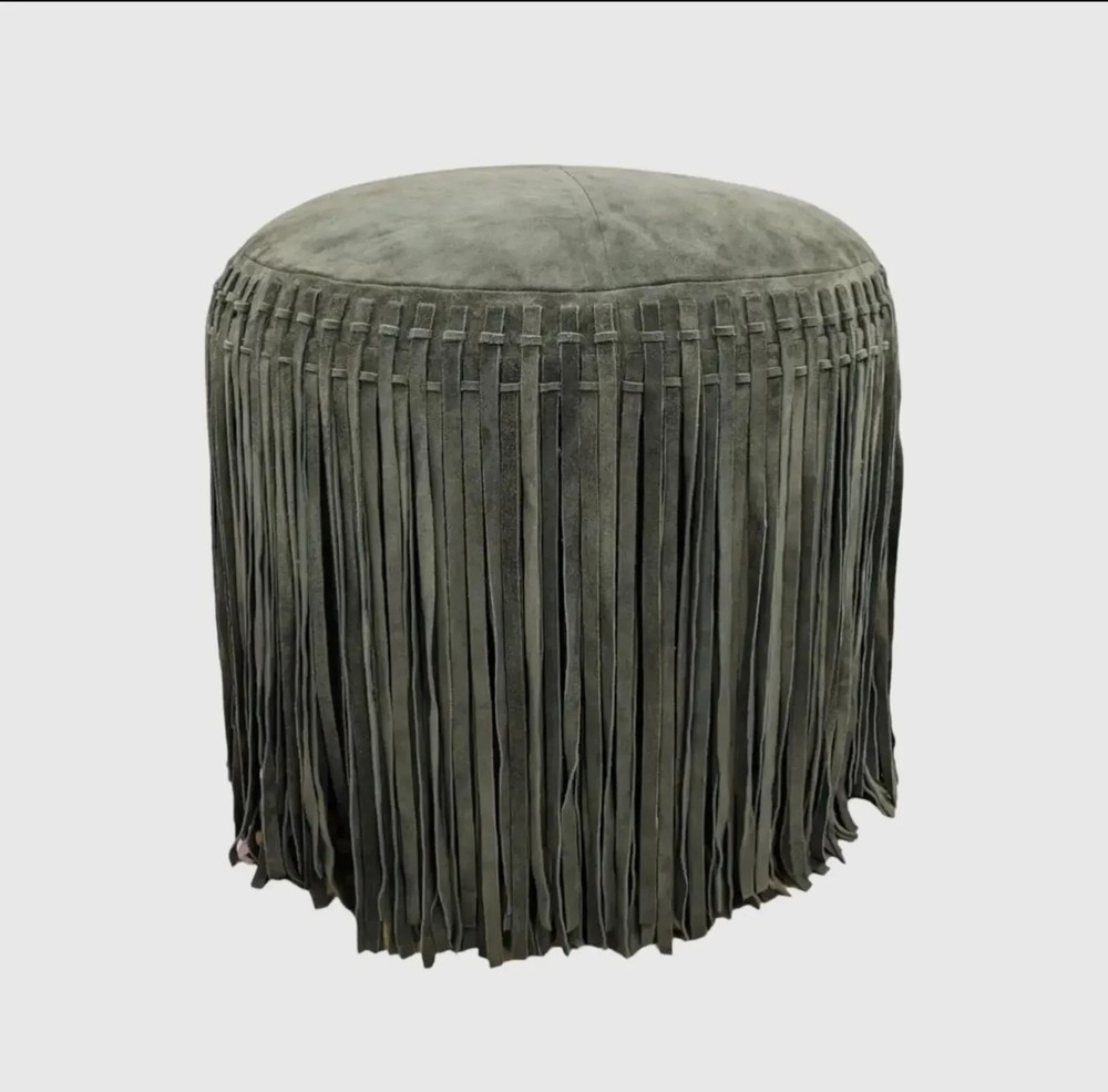 Premium Real Leather Suede Ottoman Pouf with Western Fringe Living Room Hall Roo