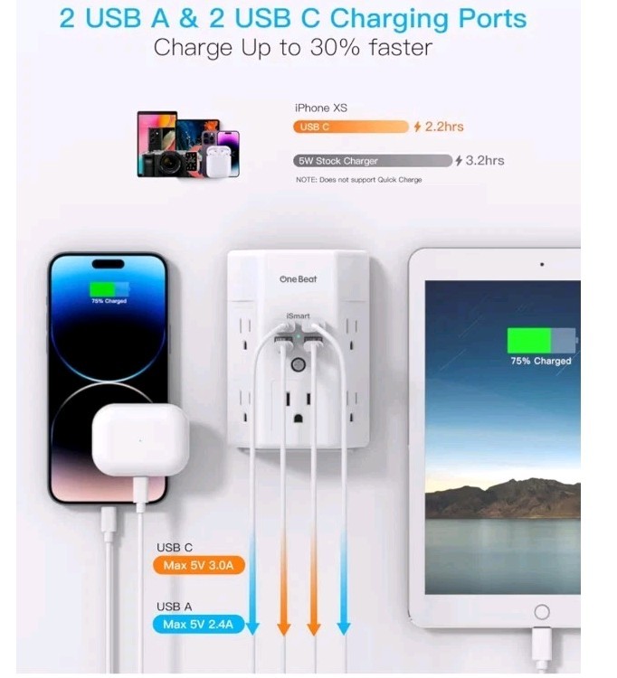 3 Side Power Strip Multi Plug Expander, Surge Protector, 5 Outlets Extender,... gallery