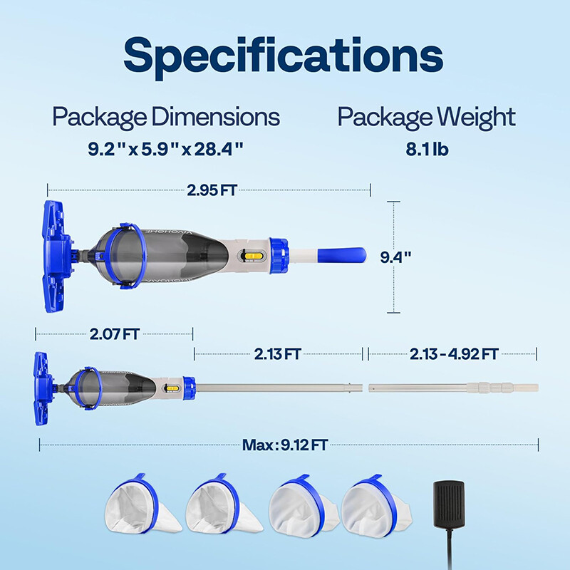 Cordless Pool Vacuum with Telescopic & Extension Poles 9.12ft, 18.5 GPM Suction