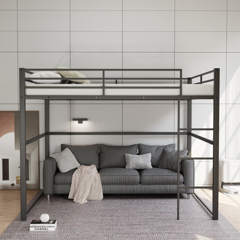Full Metal Loft Bed w/Safety Rails+Ladder for Kids/Teens/Adults Space-Saver