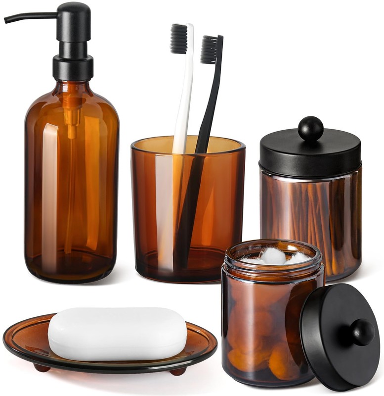Gmisun Bathroom Accessories Set 5 Pack Amber Glass Bath Accessory Sets Complete