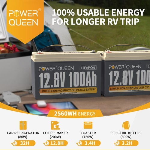 Power Queen 2 Pack 12V 100Ah LiFePO4 Deep Cycle Lithium Battery BMS for Solar RV gallery