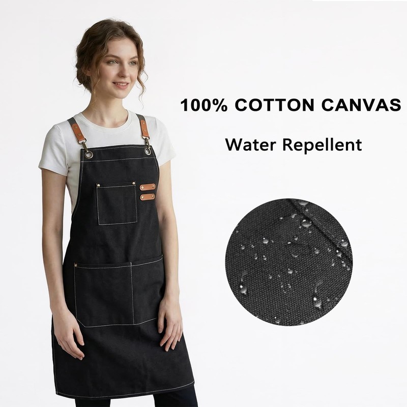 Chef Apron for Women Men with Large Pockets, Cotton Canvas Cross Back Waterpr... gallery
