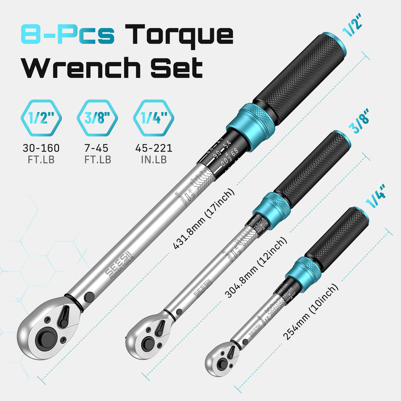 3 pcs Torque Wrench set 1/4″ 3/8″ 1/2″ Click Torque Wrench 25-210Nm 7-160 ft.lb