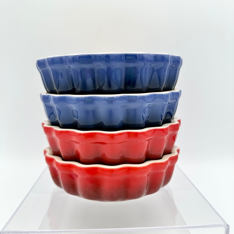 4 Le Creuset 5″ INDIVIDUAL FLUTED FLAN DISHES Tart Cerise Red Cobalt Blue France