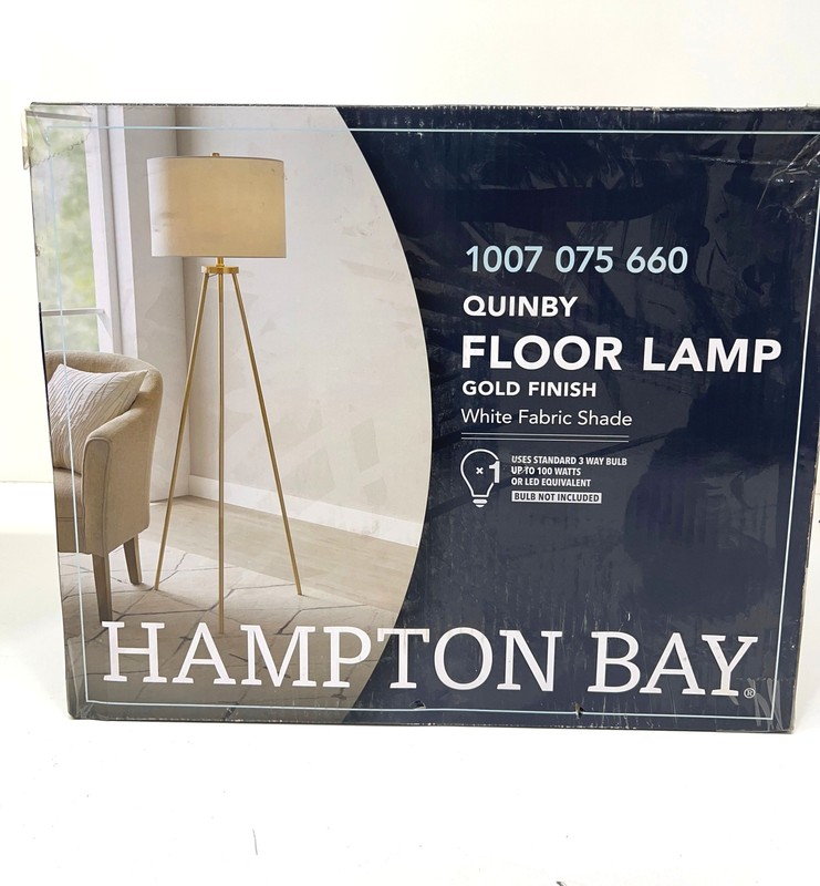 Hampton Bay Quinby 58 in. Gold Tripod Floor Lamp White Fabric Shade New(OPEN)