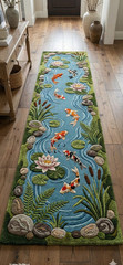 Hand Tufted Koi Pond Wool Runner Rug Nature Hallway Decor Water Garden Japanese