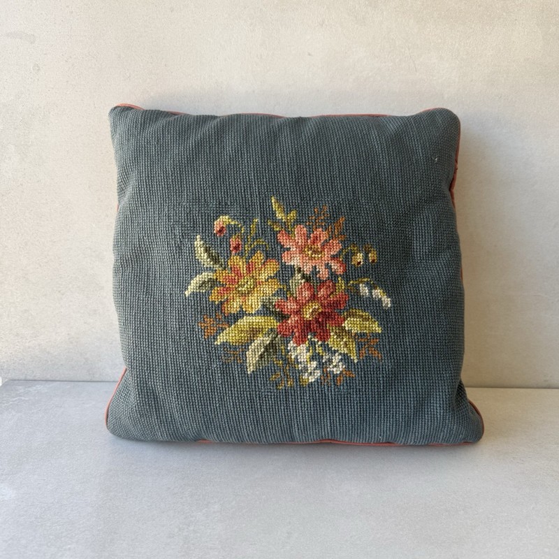 Vintage Needlepoint Pillow Blue Floral Bouquet Pink Trim Olive Green Back 12×12