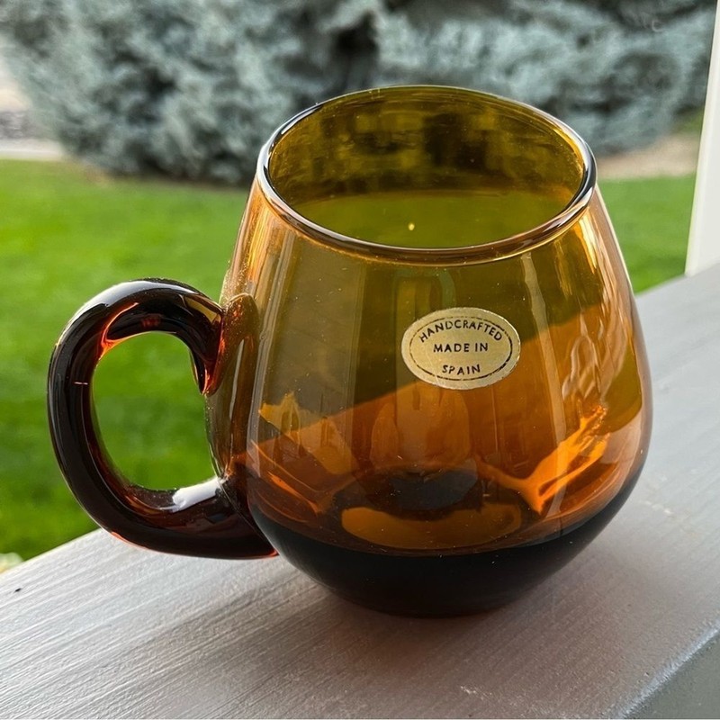 Handblown Mugs Asymmetrical Amber Glass MCM Made in Spain Set of 5 Stunning
