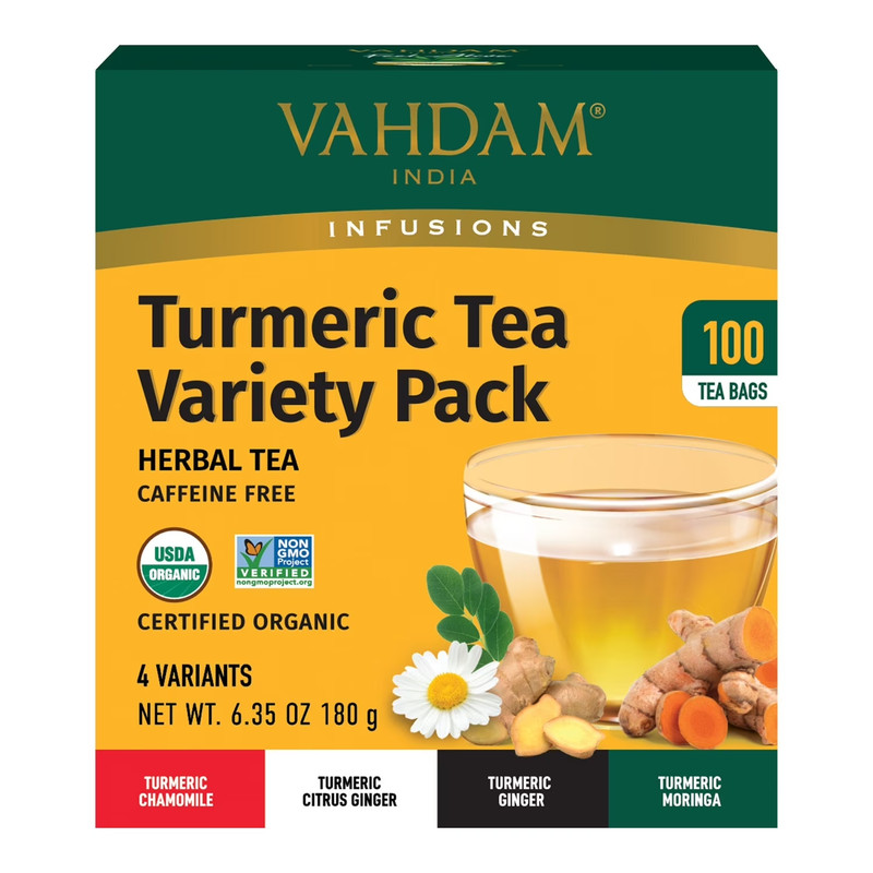 Vahdam India Infusions Organic Turmeric Tea Variety Pack, 100 Count (6.35 Ounce)