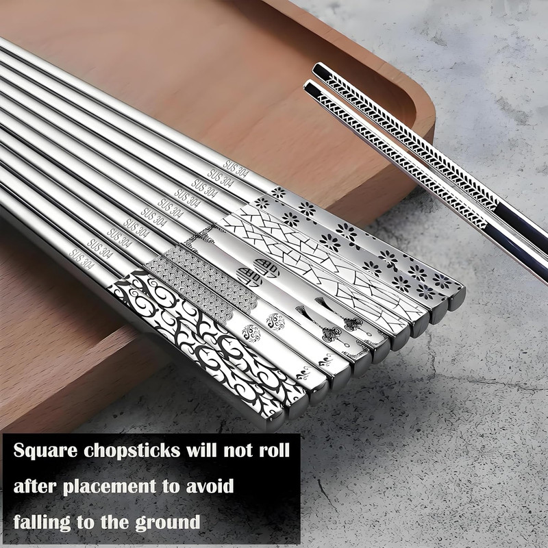 Stainless Steel Chopsticks 5 Pairs Metal Chopsticks Reusable Dishwasher Safe Squ gallery