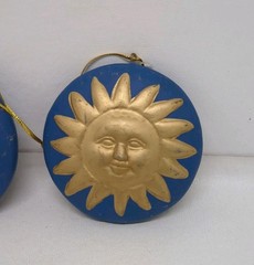Ceramic Celestial Sun & Moon Ornament Set Blue & Gold 3″ Across Double Sided 3D