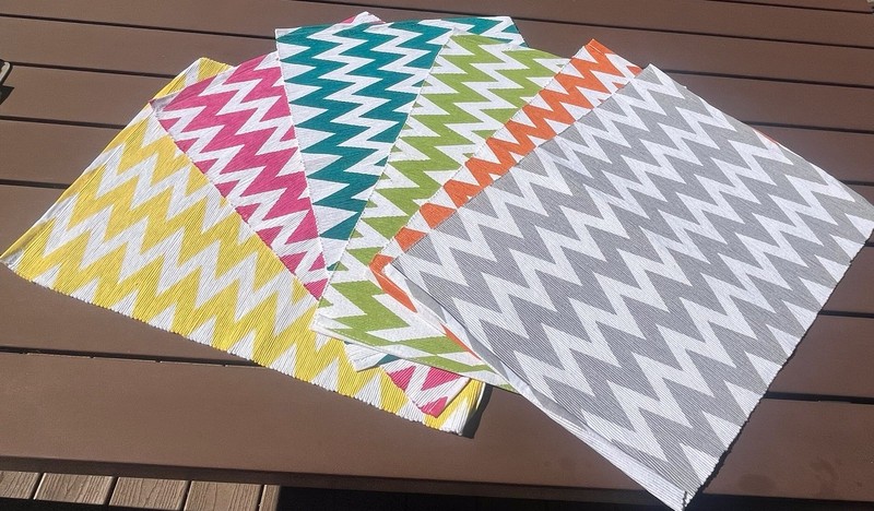 Set 6 Cotton Placemats Chevron Pattern Green Turquoise Pink Yellow Gray Orange