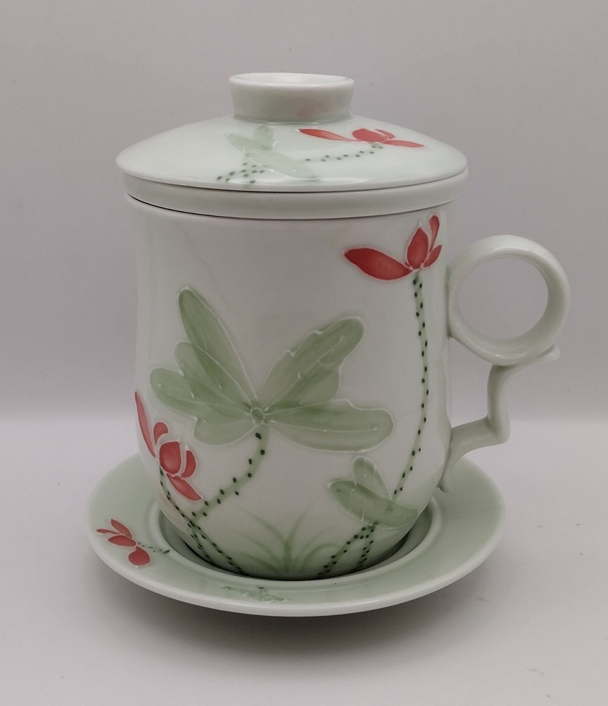 Teavana Porcelain Fine China Floating Lotus Blossom Teacup Infuser Mug 4 Pc. Set