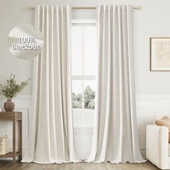 Cream 100% Blackout Linen Curtains 96 Inch Length Ceiling to Floor 2 Panels 8 FT