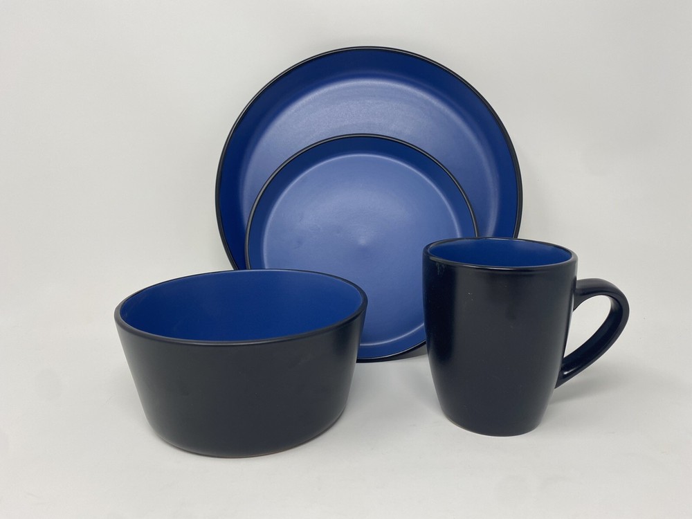 Stone Lain Stoneware Dinnerware Set, Service For 4, Blue and Black