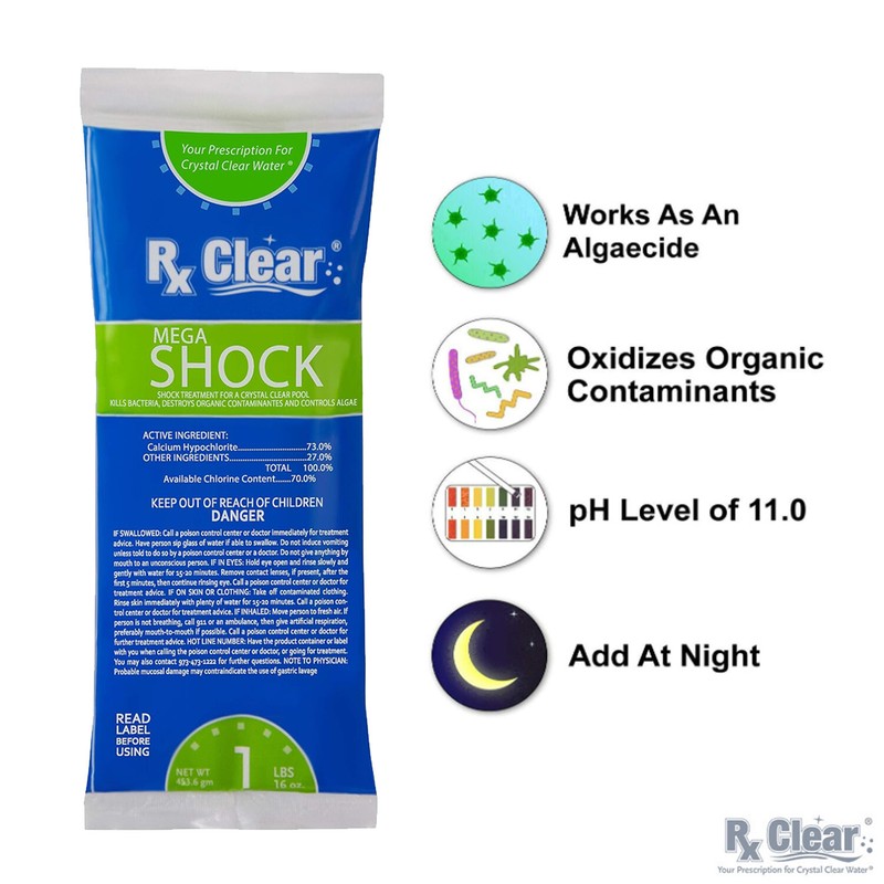 Rx Clear Swimming Pool 73% Calcium Hypochlorite Mega Chlorine Shock – 1 lb Bags