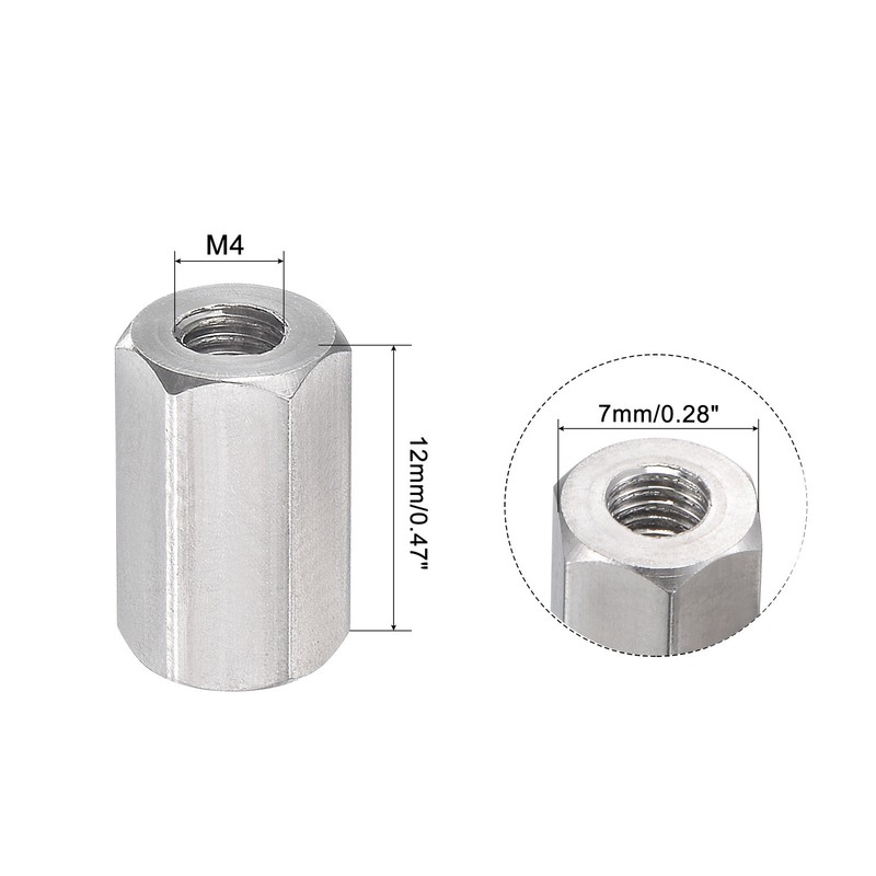 10Pack M4 x 0.7-Pitch 12mm Length 304 Stainless Steel Metric Hex Coupling Nut gallery