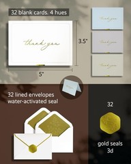 Gold Foil Thank You Cards Envelopes Bulk 32-Pack Embossed Notes 4 Colors Seal