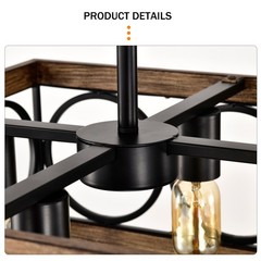 4-Light Square Kitchen Island Light Farmhouse Wood Black Metal Ceiling Fixture